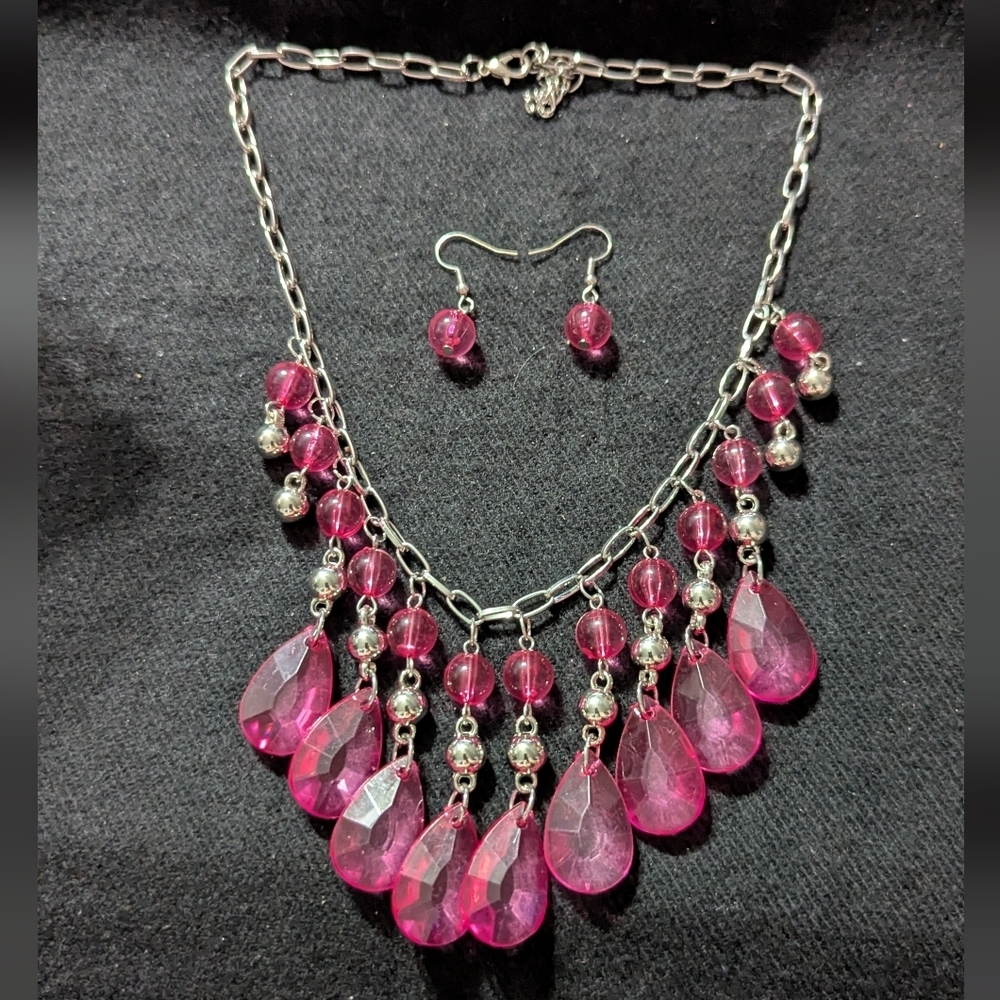 Silver Tone Pink Beaded Statement Necklace and Earring Set